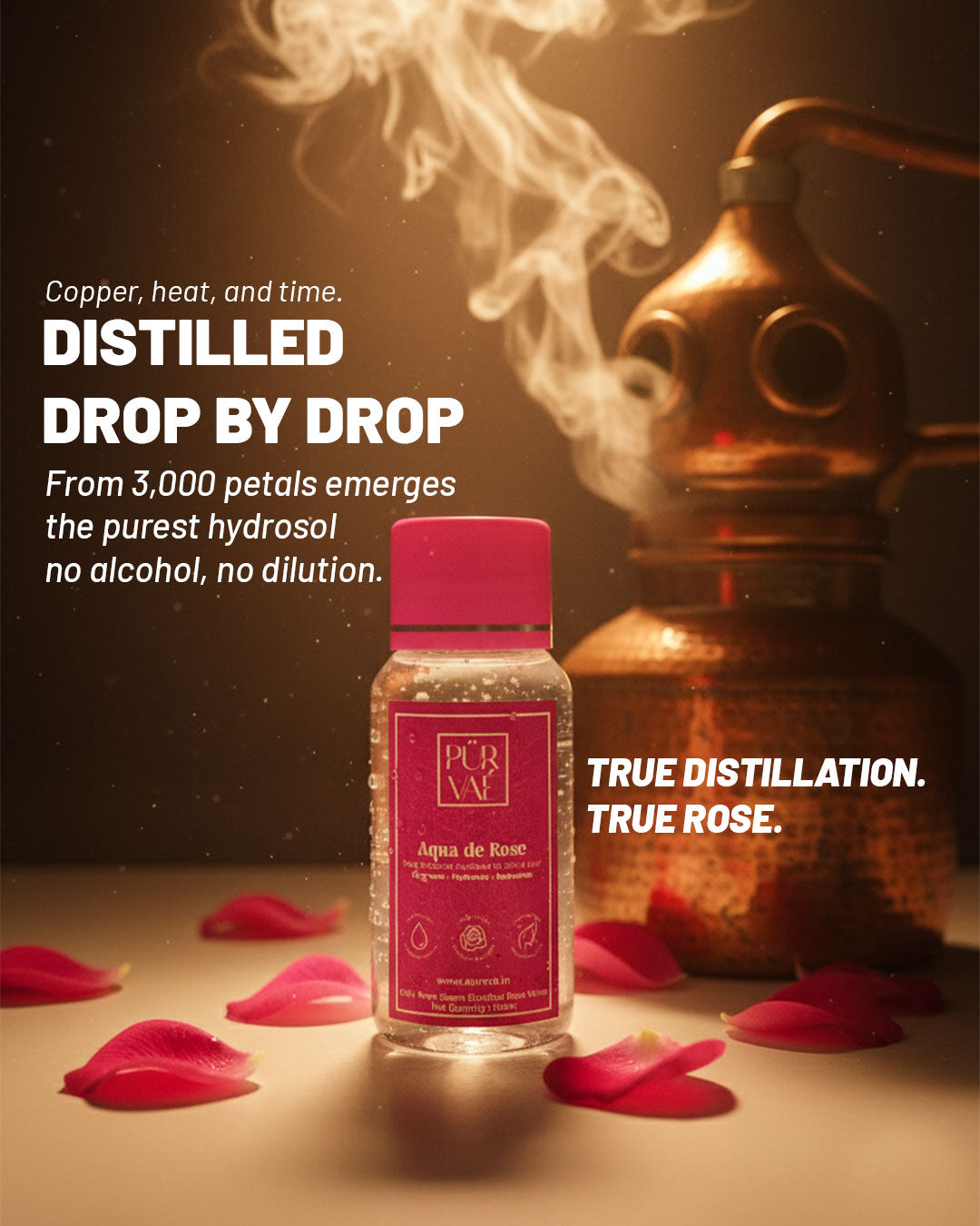 Purvae Aqua de Rose | 100% Pure Steam-Distilled Rose Water (100 ml, Natural Skin Toner & Cleanser)