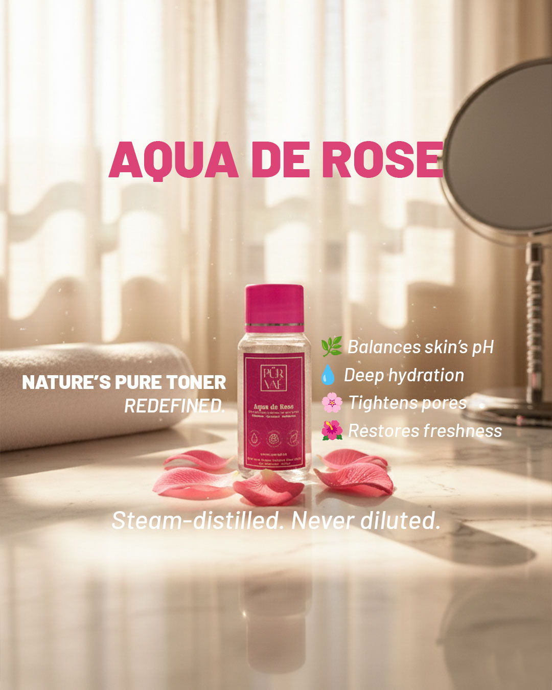 Purvae Aqua de Rose | 100% Pure Steam-Distilled Rose Water (100 ml, Natural Skin Toner & Cleanser)