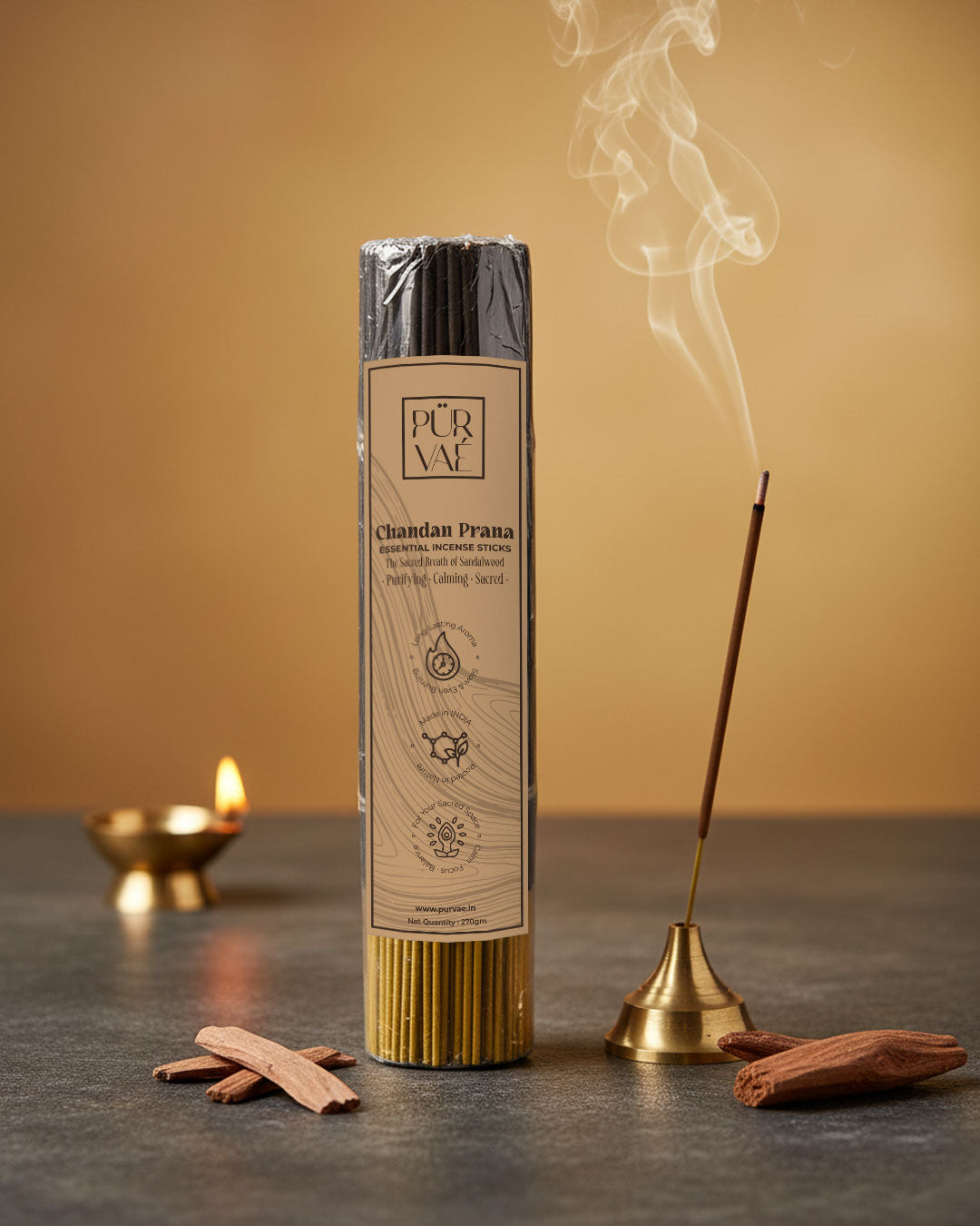 Purvae Chandan Prana | Essential Incense Sticks (Pure Sandalwood, Calming & Sacred)