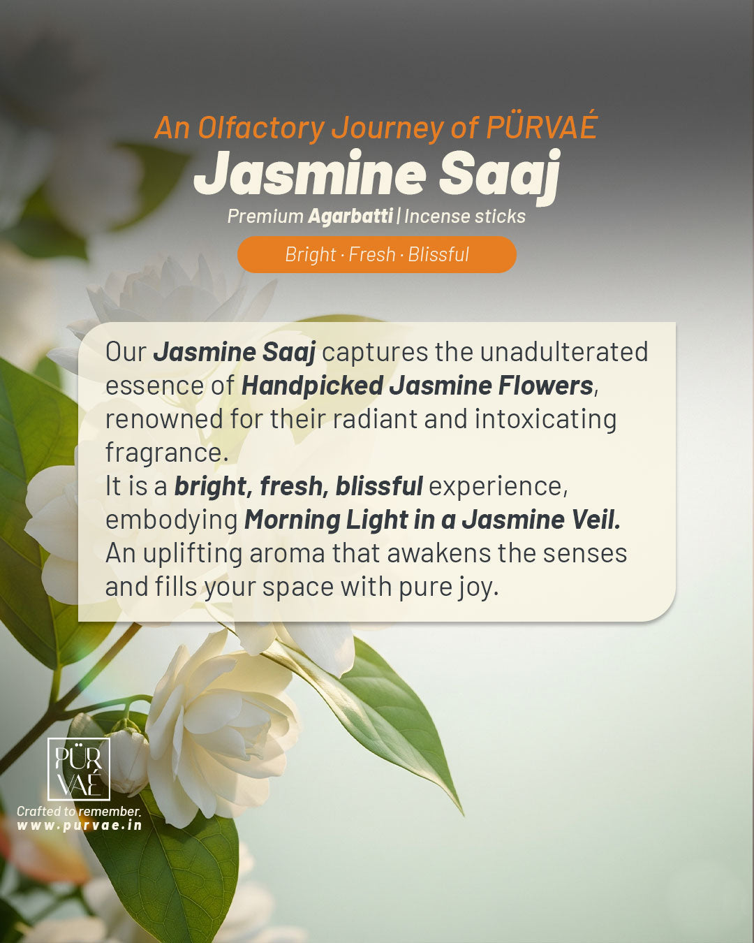 Purvae Jasmine Saaj | Heritage Incense Sticks (Fresh Jasmine, Long-Lasting)