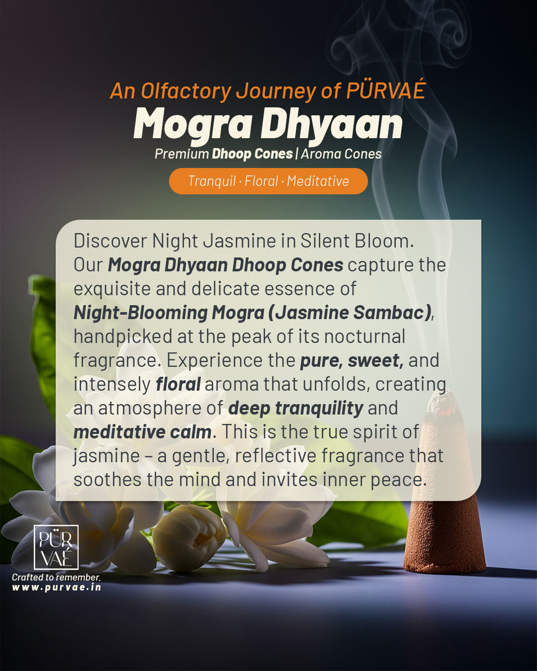 Purvae Mogra Dhyaan | Authentic Incense Cones (Natural Jasmine Dhoop Cones, Long-Lasting)