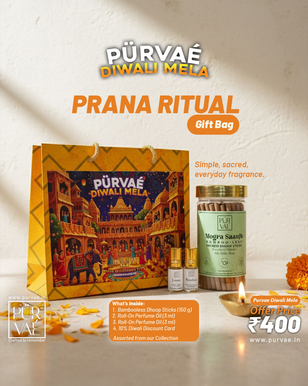Purvae Prana Ritual Bag | Handcrafted Diwali Gift (Dhoop Sticks + Perfume Oils) | Diwali Mela Edition