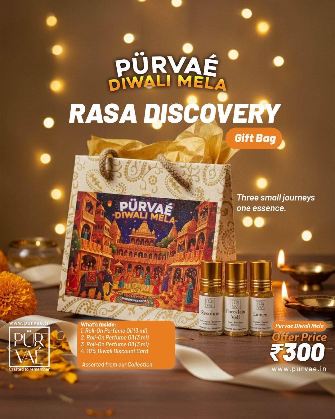 Purvae Rasa Discovery Bag | Handcrafted Perfume Gift (3 × 3 ml Roll-On Perfume Oils) | Diwali Mela Edition