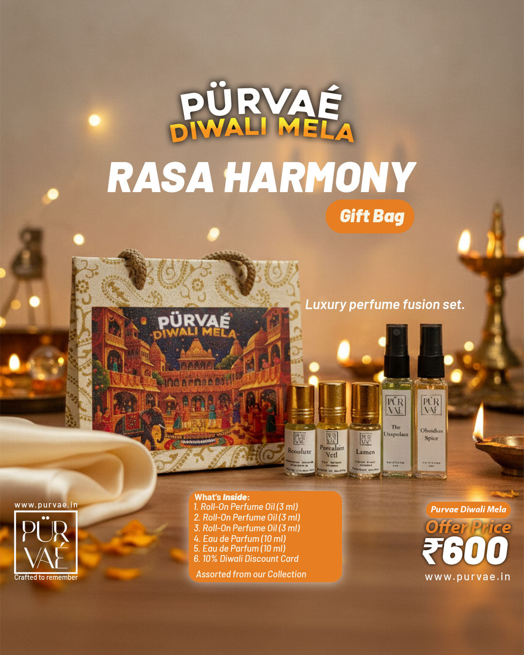 Purvae Rasa Harmony Bag | Handcrafted Perfume Fusion Gift (Perfume Oils + Eau de Parfum) | Diwali Mela Edition