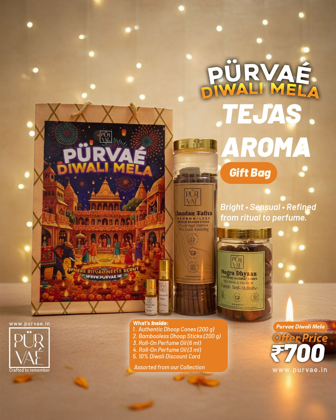 Purvae Tejas Aroma Bag | Handcrafted Diwali Gift (Long Dhoop, Cones & Perfume Oils) | Diwali Mela Edition