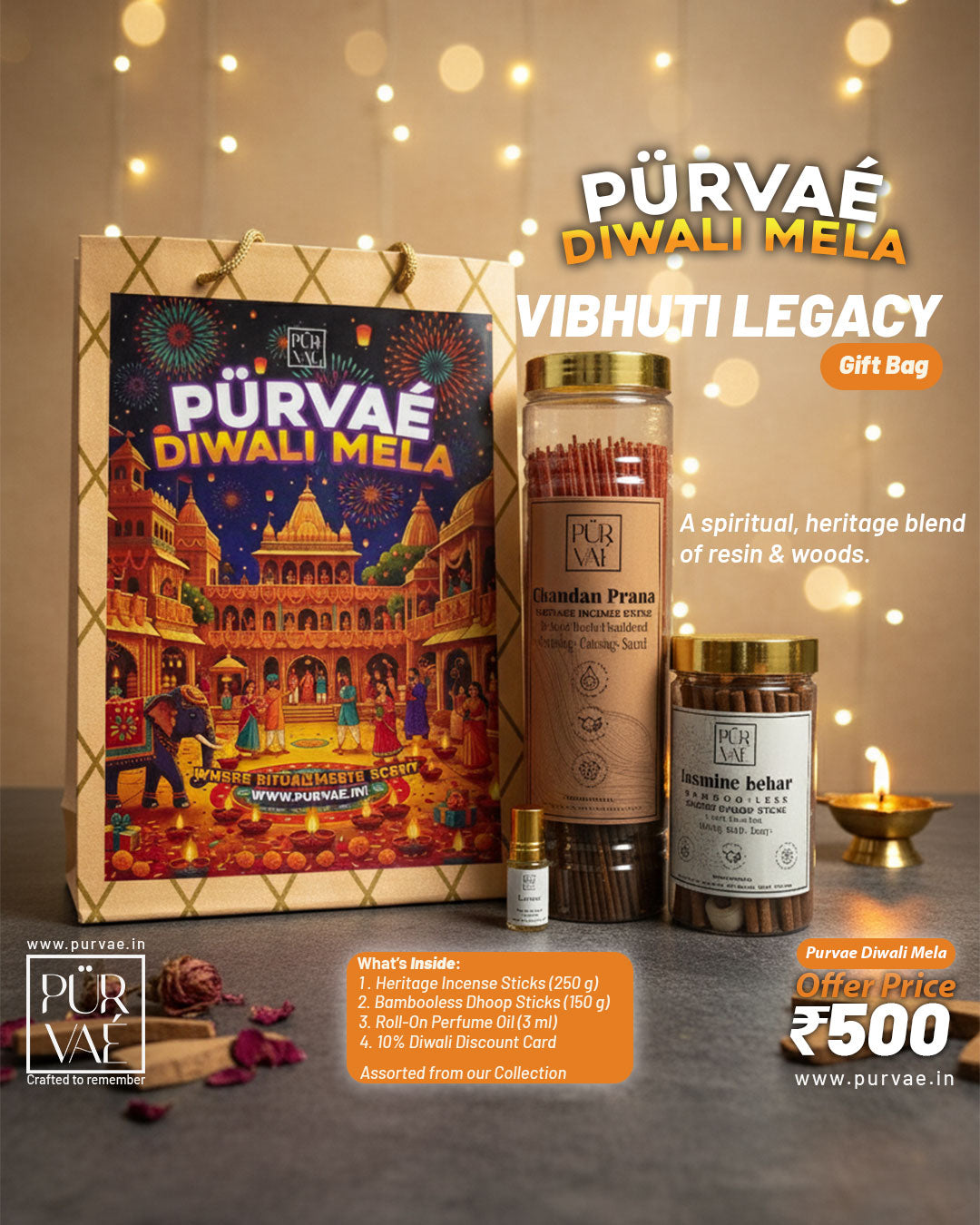 Purvae Vibhuti Legacy Bag | Handcrafted Diwali Gift (Heritage Incense + Dhoop + Perfume) | Diwali Mela Edition