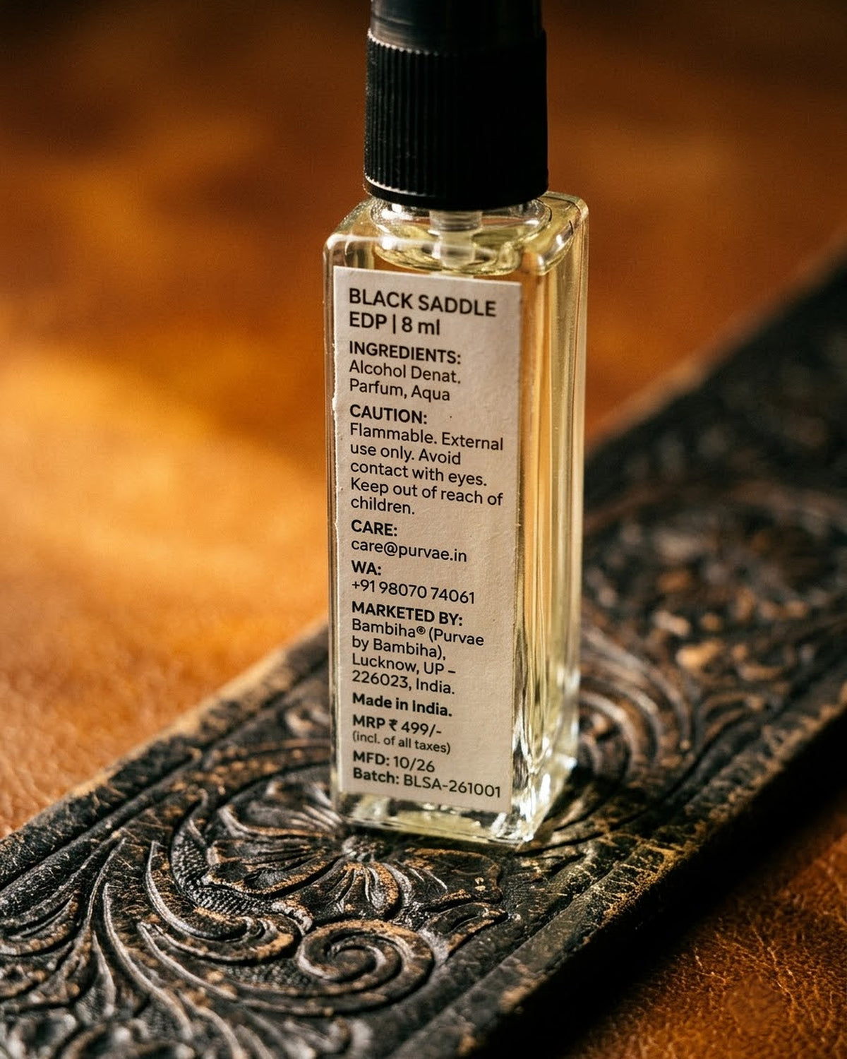 Black Saddle back label with ingredients, MRP and batch