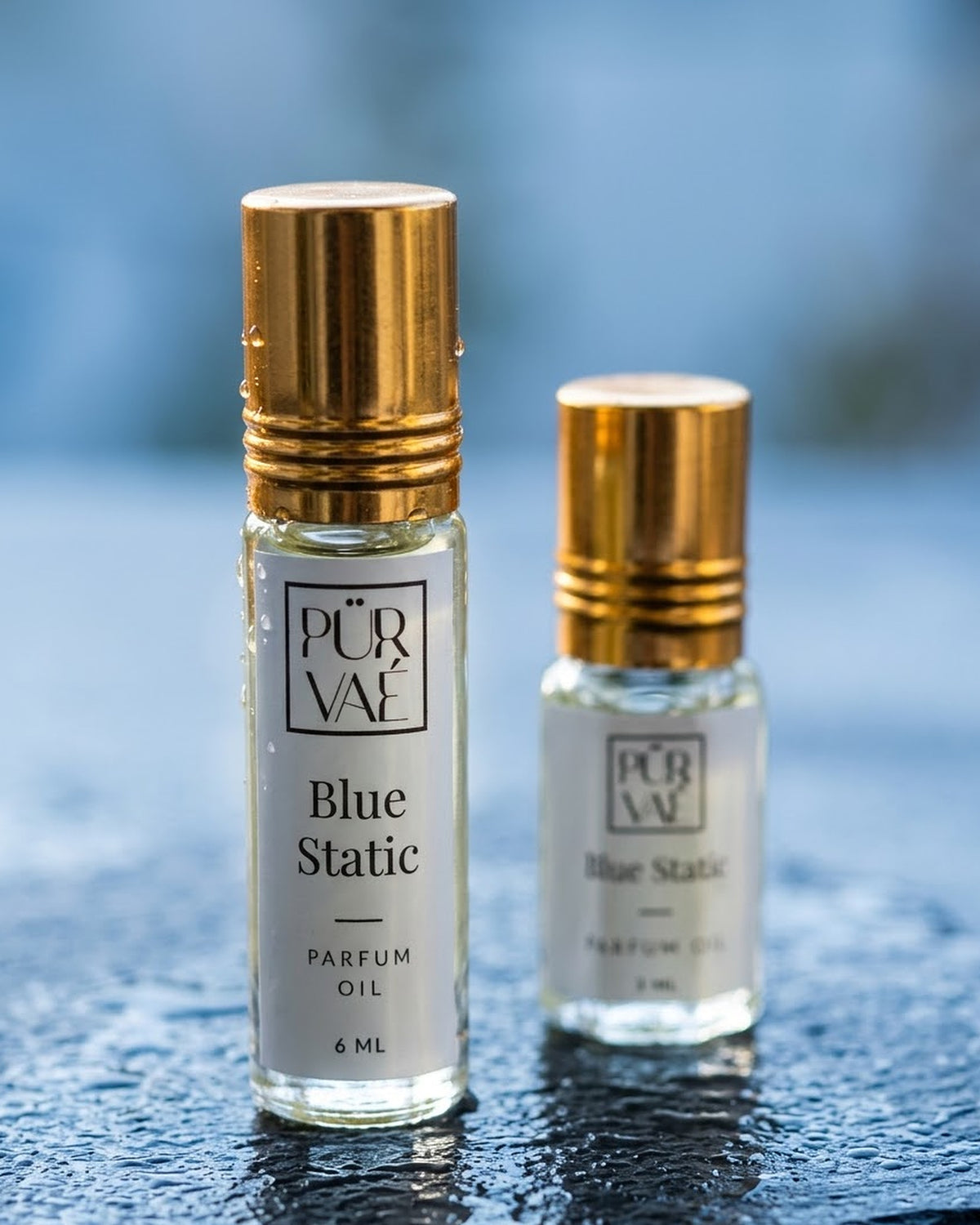 Close-up of the Blue Static parfum oil front label