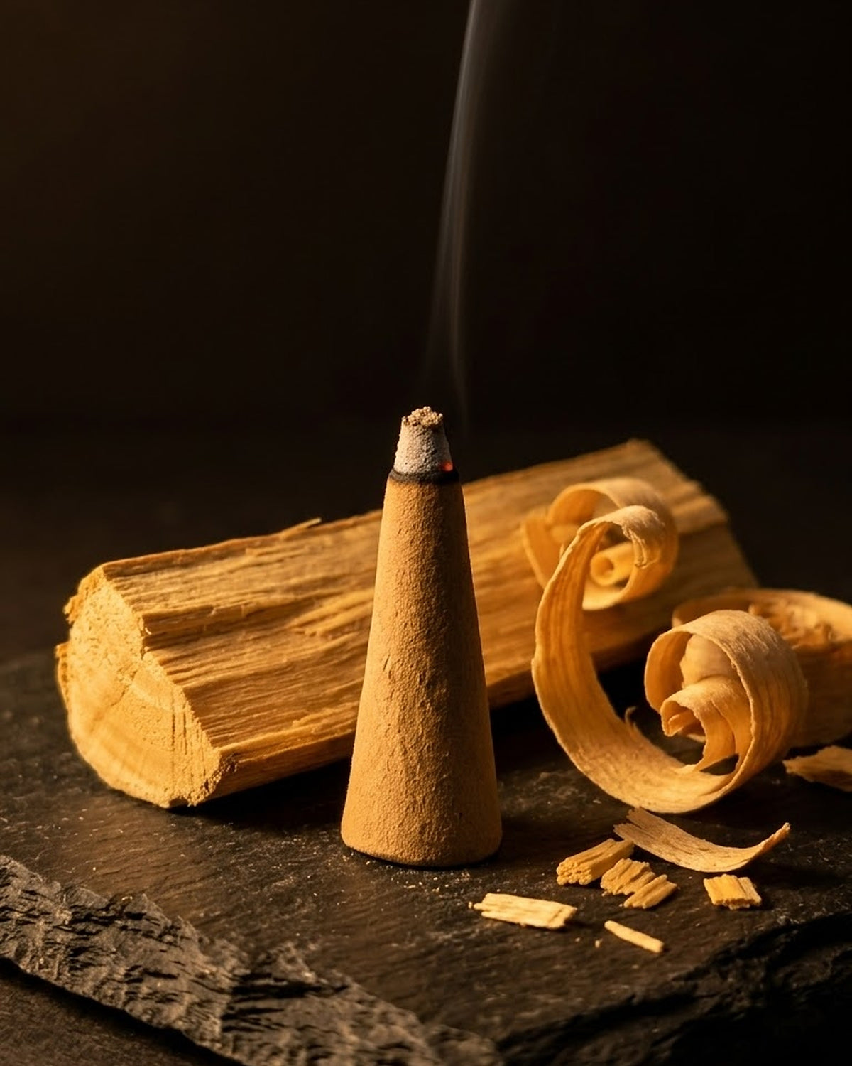 Glowing Chandan Vritti dhoop cone beside sandalwood, smoke rising