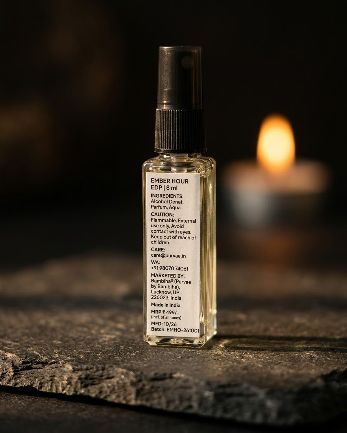 Ember Hour back label with ingredients, MRP and batch