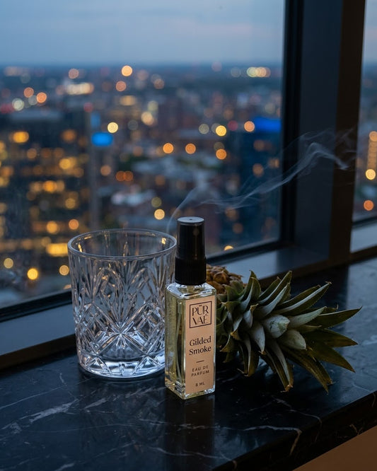 Gilded Smoke on a window ledge above the city at dusk