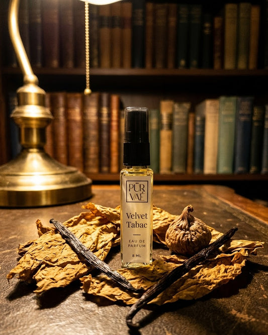 Velvet Tabac on a library desk with tobacco leaves and vanilla pods