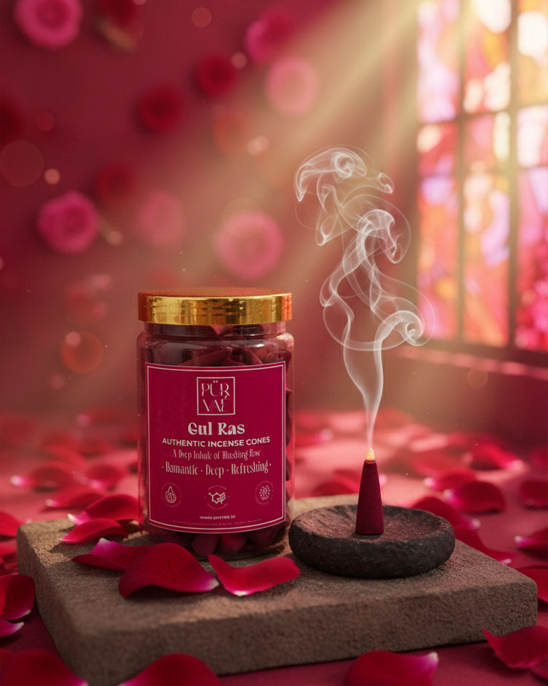 Purvae Gul Ras | Authentic Incense Cones (Natural Rose Dhoop Cones, Long-Lasting)