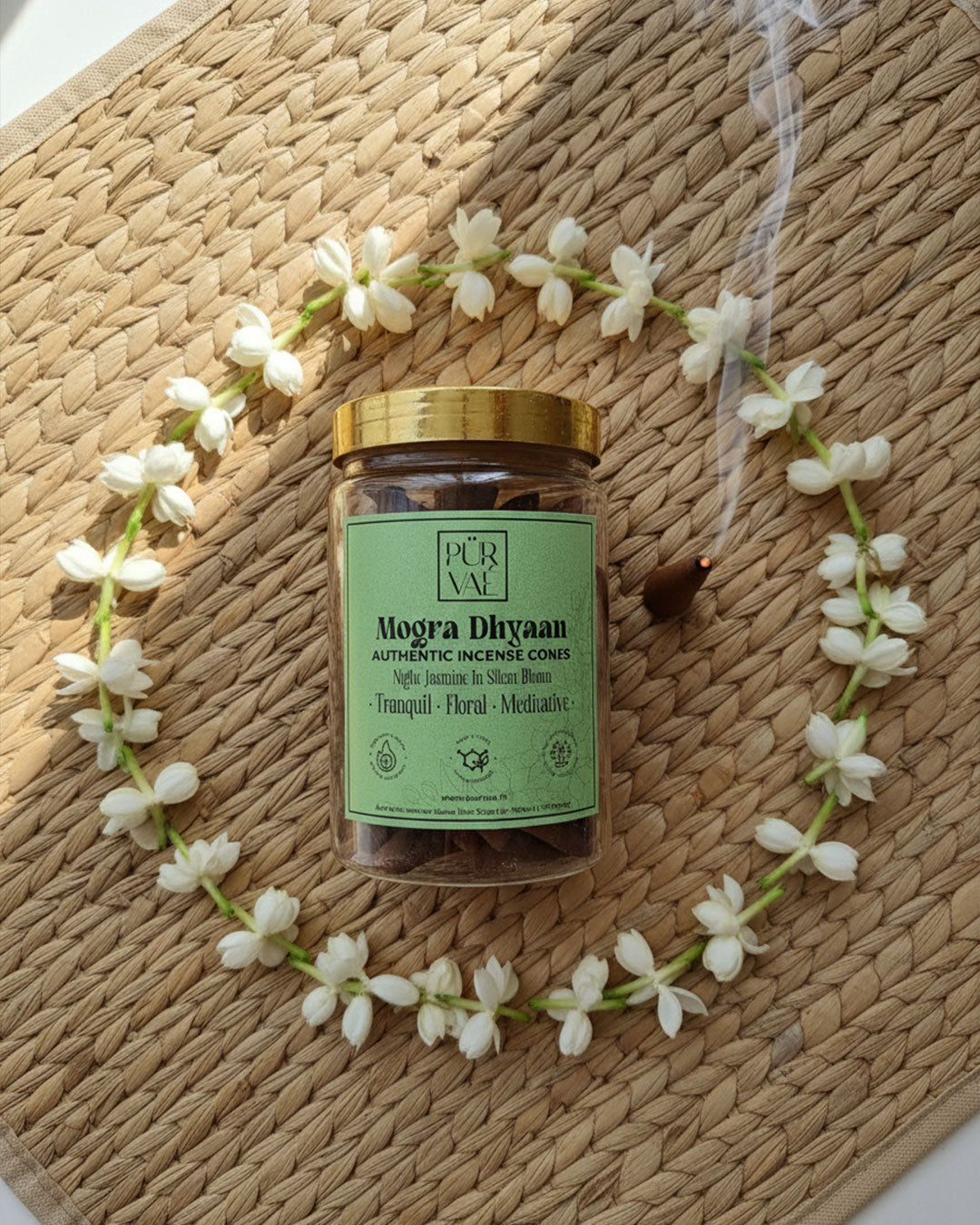 Purvae Mogra Dhyaan | Authentic Incense Cones (Natural Jasmine Dhoop Cones, Long-Lasting)