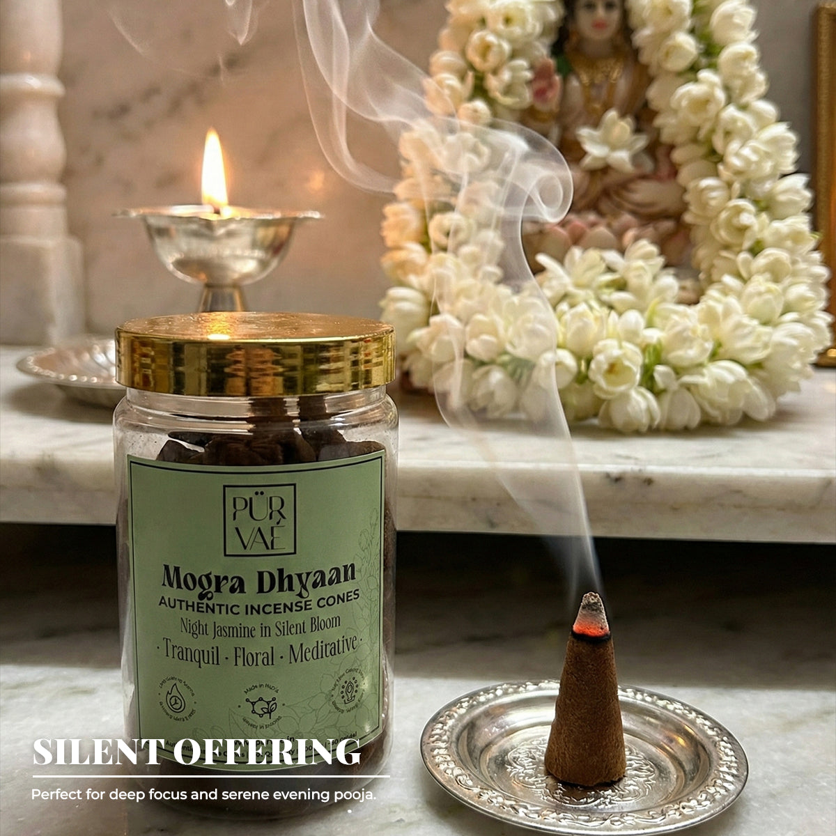 Purvae Mogra Dhyaan | Authentic Incense Cones (Natural Jasmine Dhoop Cones, Long-Lasting)