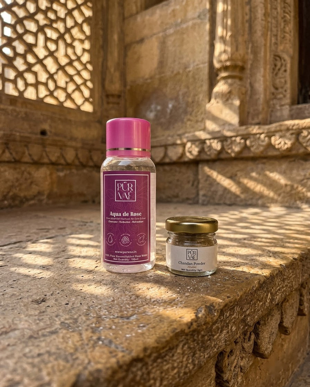 What's inside the Purvae Chandan Glow Ritual: chandan jar and rose water bottle