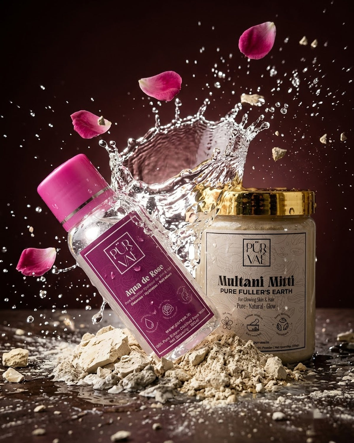 Rose water splashing into Multani mitti clay
