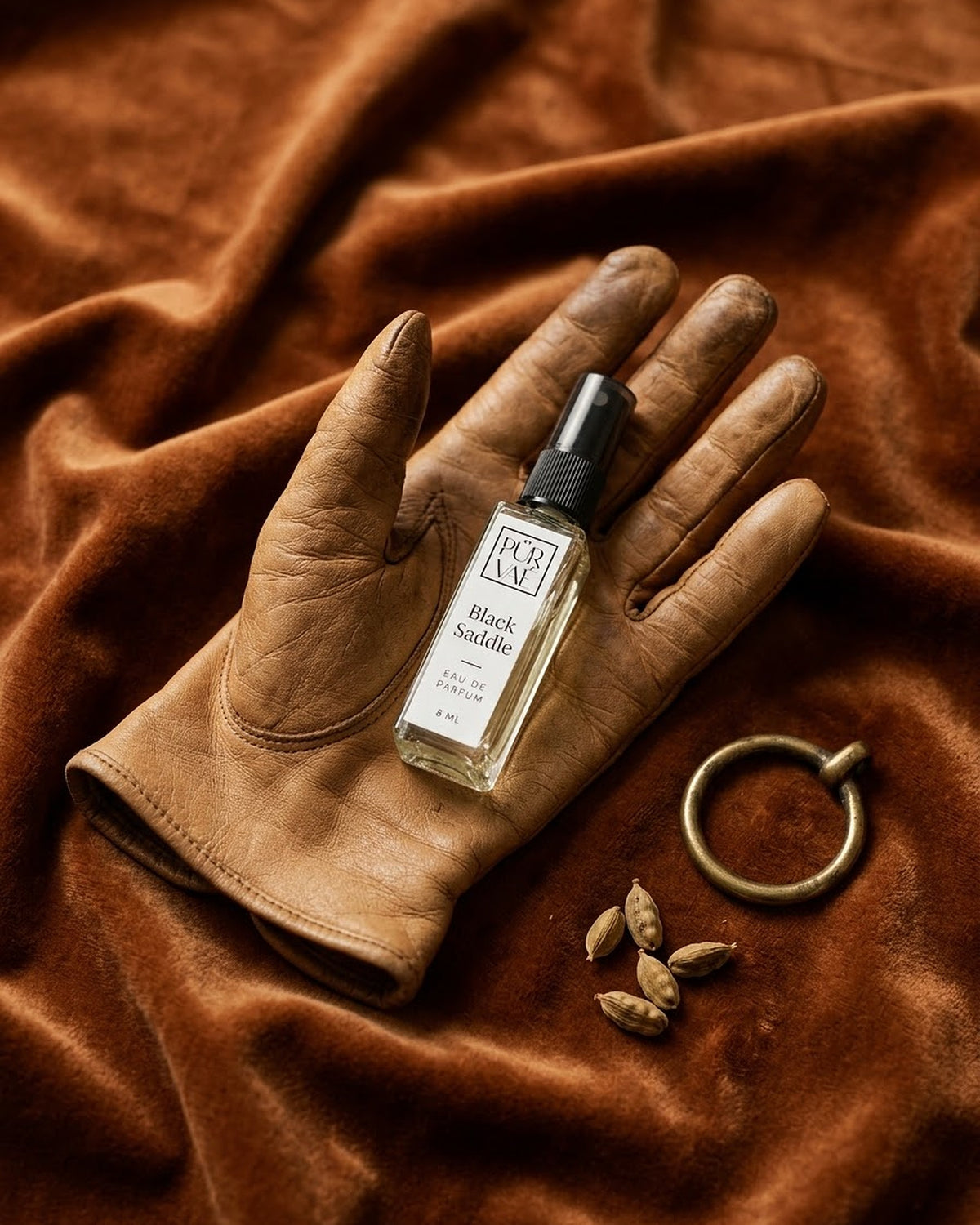 Black Saddle resting in a tan leather riding glove with cardamom pods