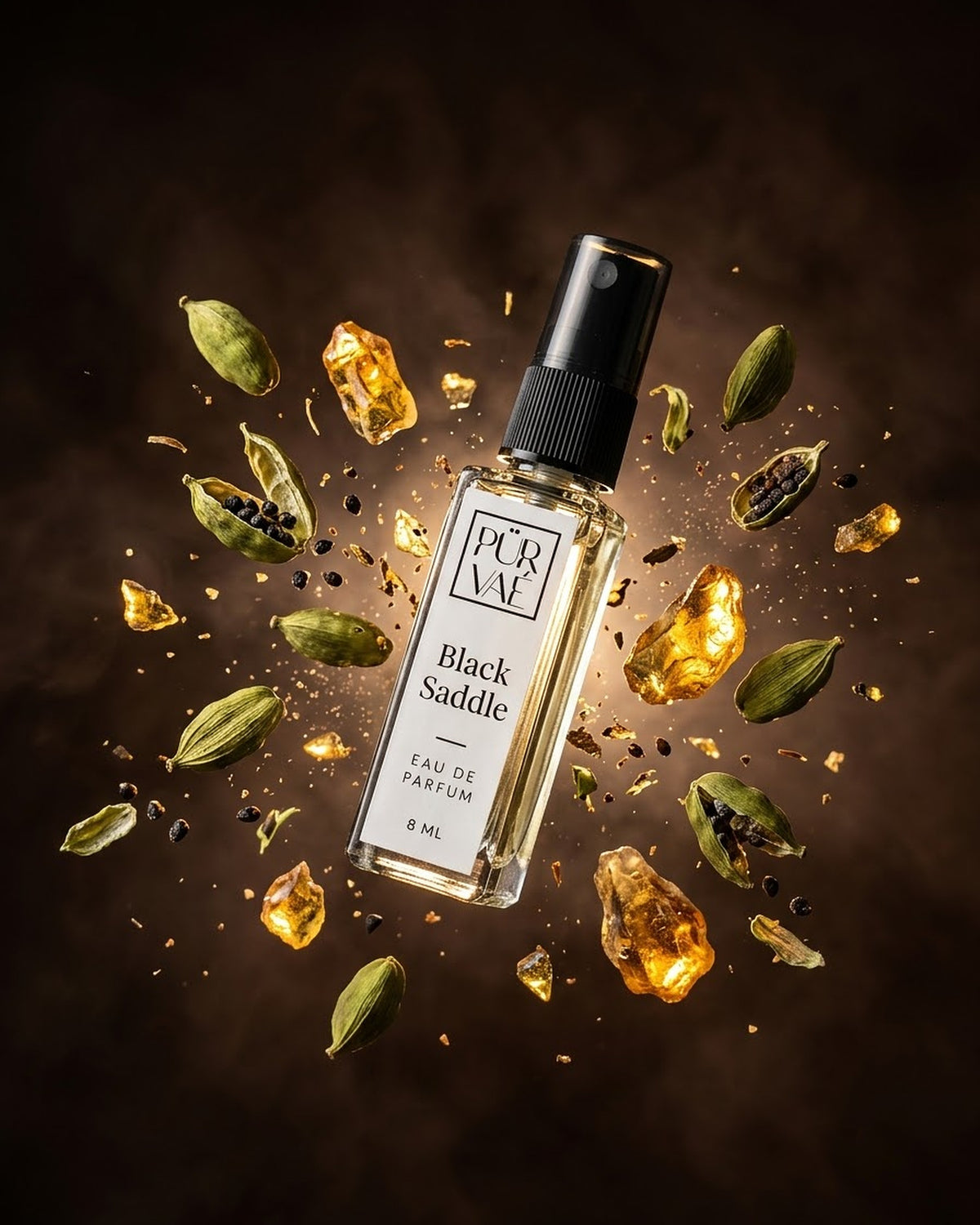 Black Saddle with cardamom pods and amber resin flying around the bottle