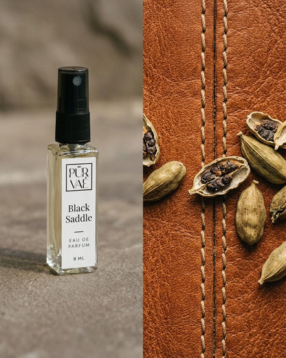 Black Saddle beside stitched leather and cardamom: the notes at a glance