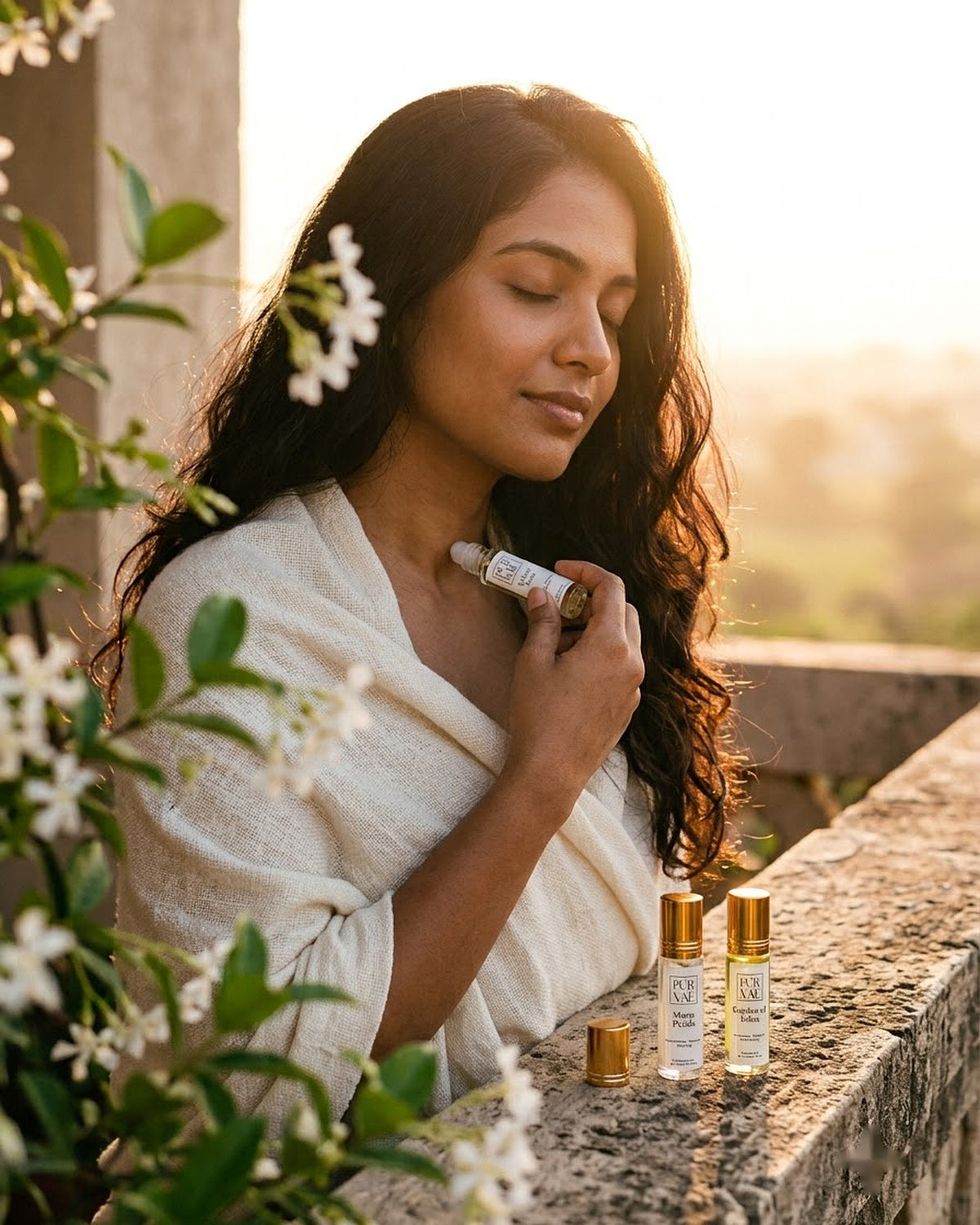 A woman on a balcony at golden hour with her eyes closed, applying Bloom Trio parfum oil at her collarbone
