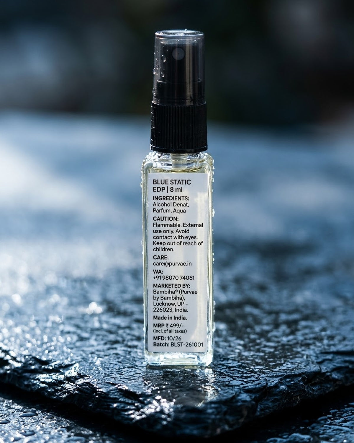 Blue Static back label with ingredients, MRP and batch