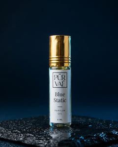 Blue Static parfum oil, 6 ml roll-on bottle with white label
