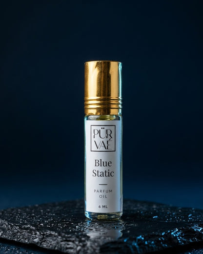 Blue Static parfum oil, 6 ml roll-on bottle with white label