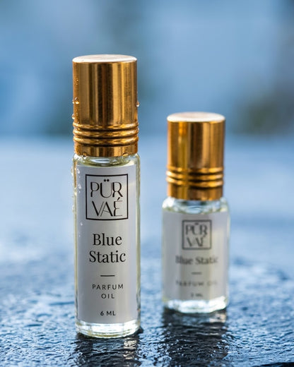Close-up of the Blue Static parfum oil front label