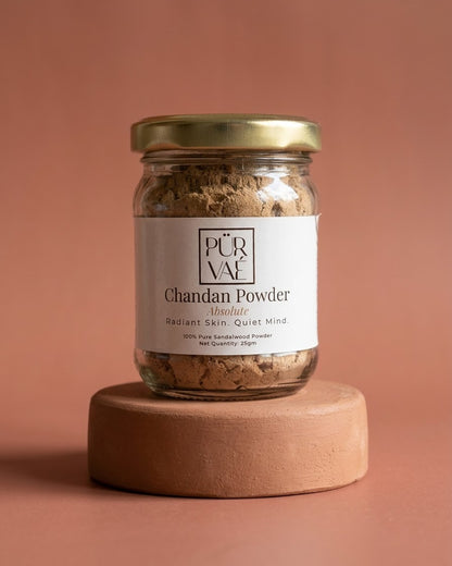 Purvae Pure Chandan Powder 25 g glass jar with new label, front view
