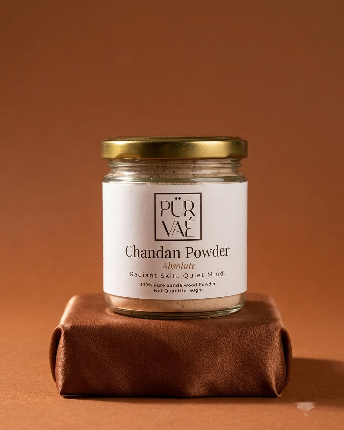 Purvae Pure Chandan Powder 50 g glass jar with new label, front view