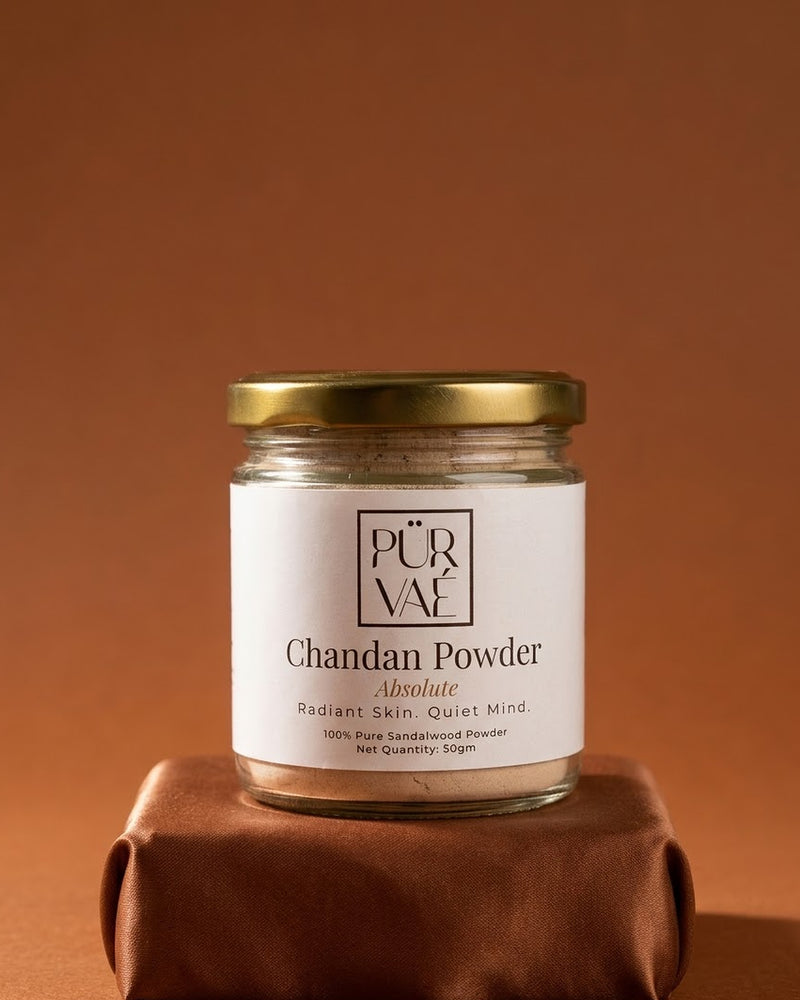 Purvae Pure Chandan Powder 50 g glass jar with new label, front view