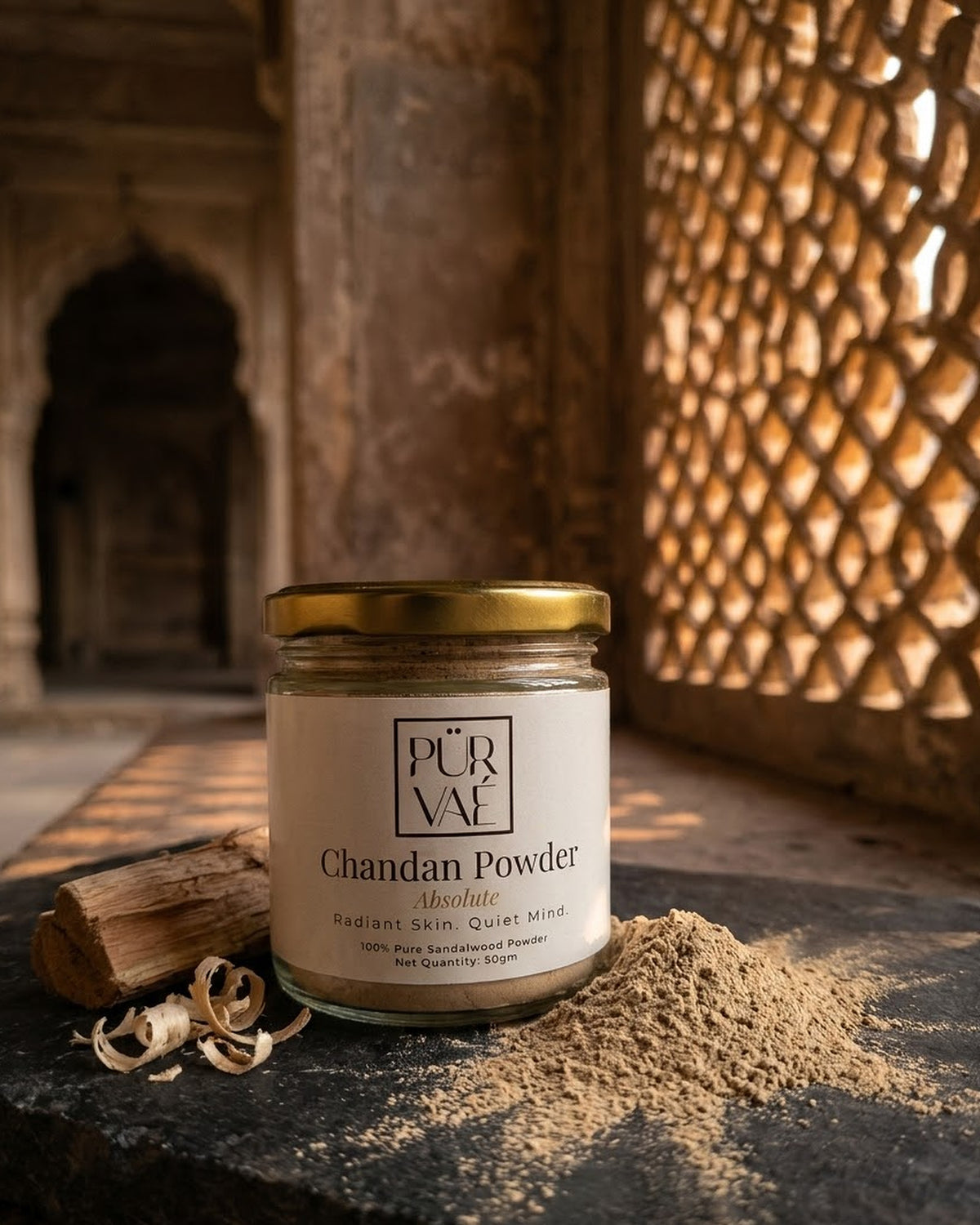 Chandan Powder 50 g jar styled on a ritual surface