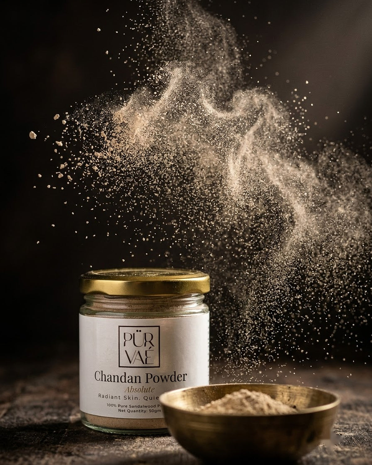 Chandan Powder 50 g jar with powder in motion