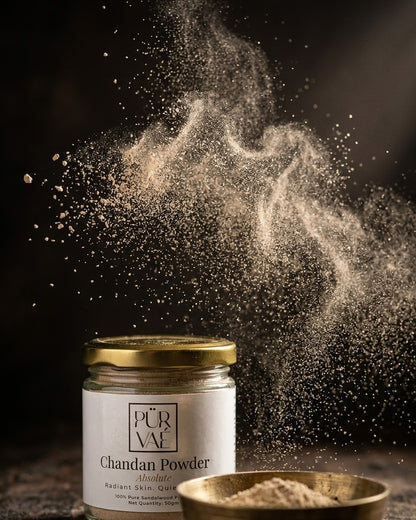 Chandan Powder 50 g jar with powder in motion