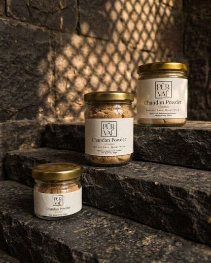 Chandan Powder 5 g jar beside the 25 g and 50 g jars
