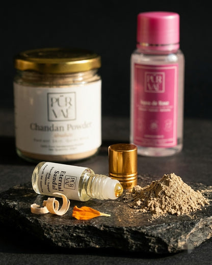 Chandan Ritual Gift Box contents texture close-up
