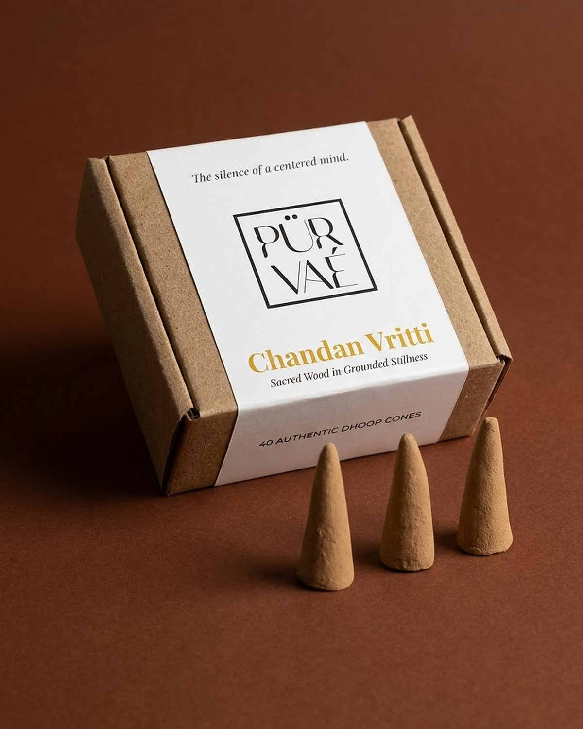Purvae Chandan Vritti dhoop cones, box of 40, with three cones in front of the box