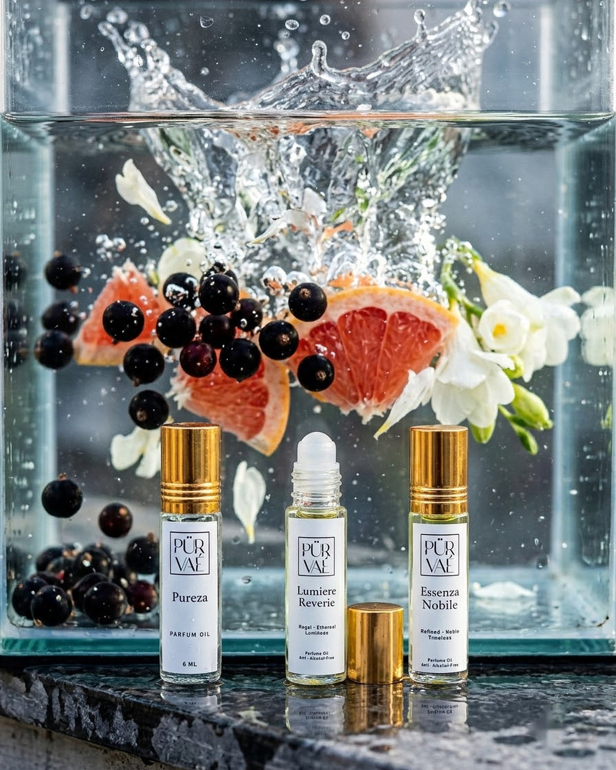 Three Day Trio parfum oils in front of a glass tank where grapefruit, black currants and white blossoms splash into water
