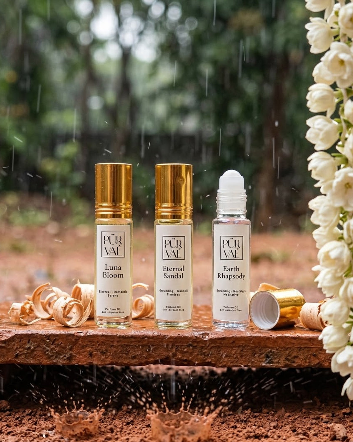 Earth Trio parfum oils on a clay ledge in the rain with sandalwood shavings and a jasmine garland, raindrops splashing red earth