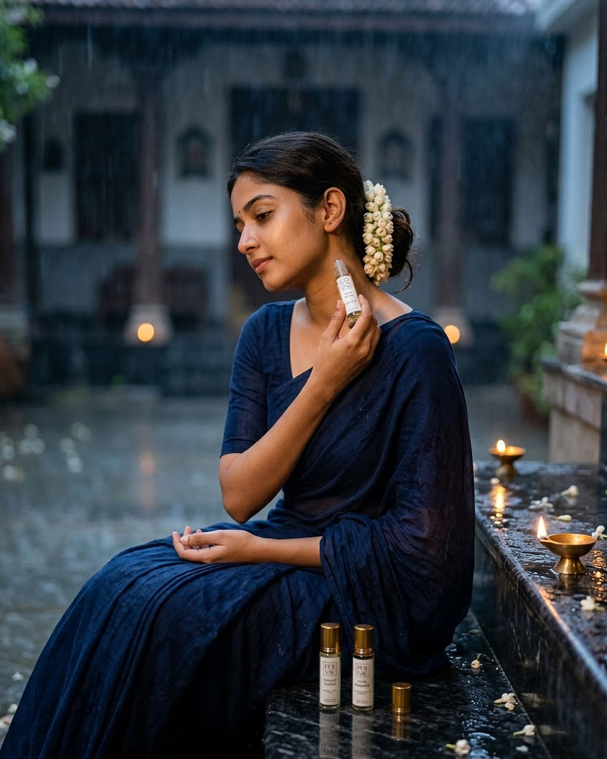 A woman in a navy saree on a rainy courtyard step applying Earth Trio parfum oil at her neck, diyas lit beside her