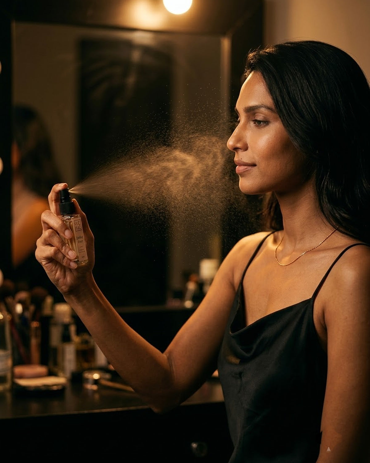 Woman in a black slip dress spraying Ember Hour before going out