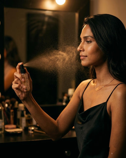 Woman in a black slip dress spraying Ember Hour before going out