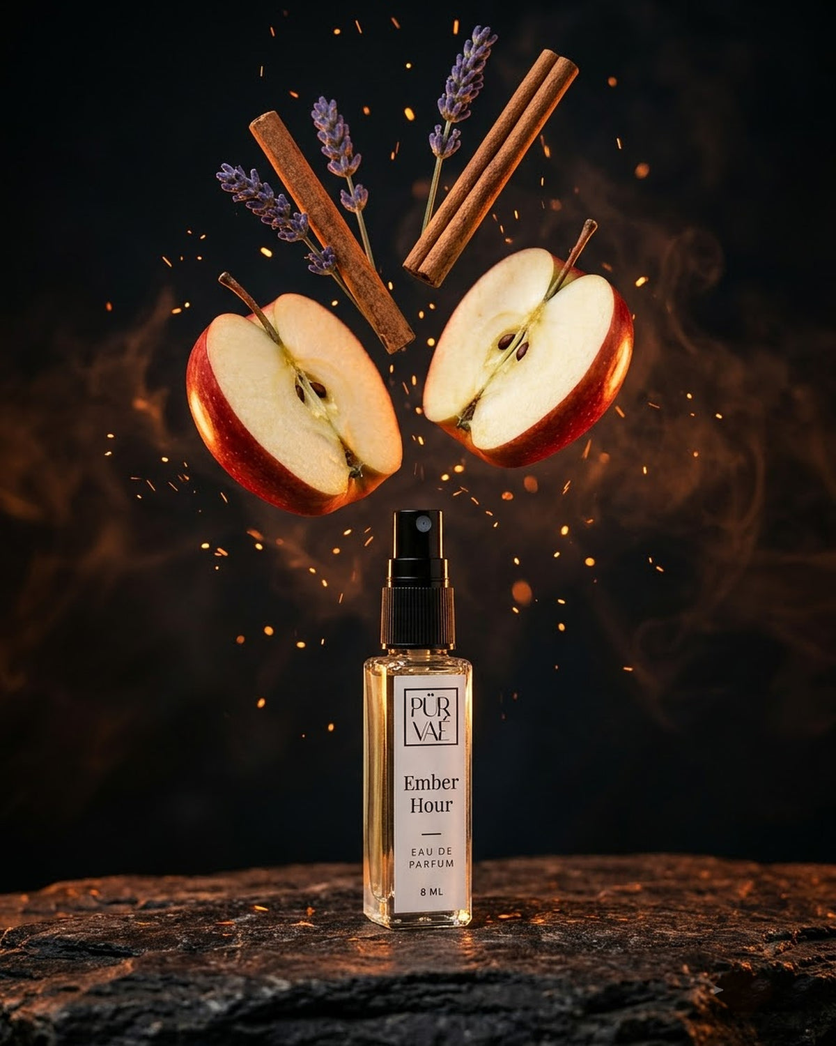 Split apple, cinnamon sticks and embers above Ember Hour