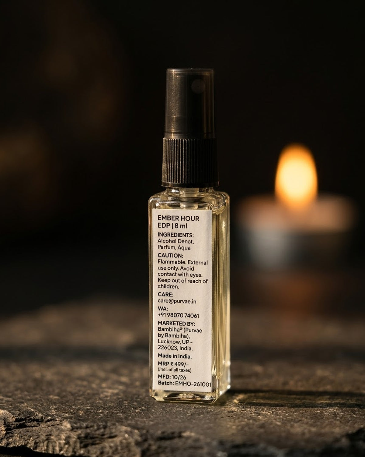 Ember Hour back label with ingredients, MRP and batch