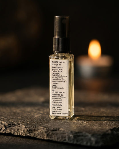 Ember Hour back label with ingredients, MRP and batch