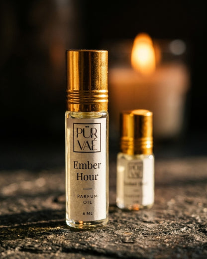 Close-up of the Ember Hour parfum oil front label