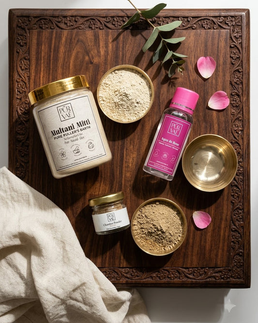 Face Pack Trio styled on a wooden ritual tray