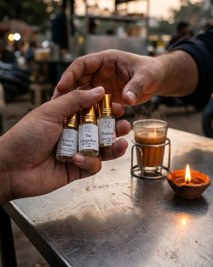 One hand passing the three First Trio roll-ons to another across a steel table at a chai stall, with a lit diya