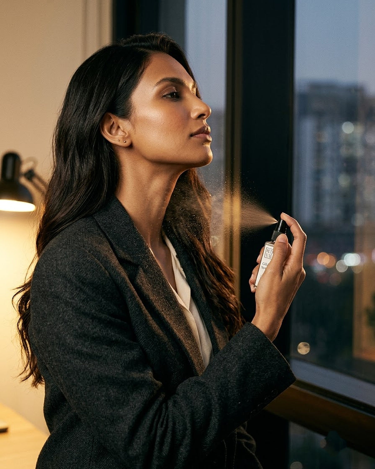 Woman in a charcoal blazer spraying Gilded Smoke on her neck